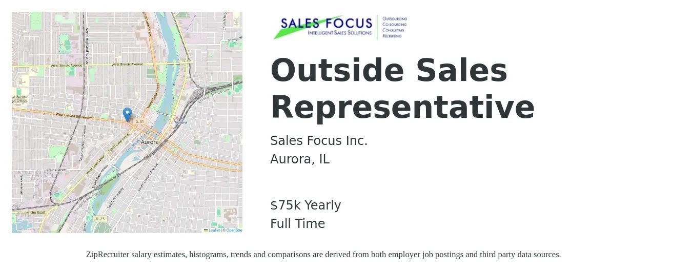 Sales Focus Inc. job posting for a Outside Sales Representative in Aurora, IL with a salary of $55,000 to $90,000 Yearly with a map of Aurora location.