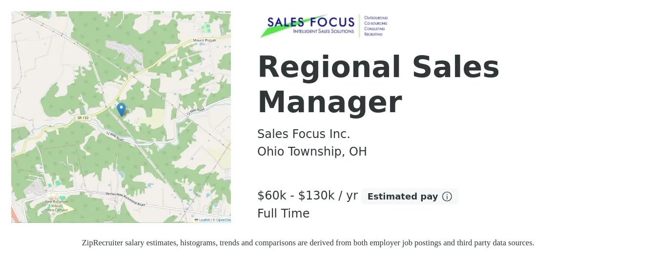 Sales Focus Inc. job posting for a Regional Sales Manager in Ohio Township, OH with a salary of $60,000 to $130,000 Yearly with a map of Ohio Township location.