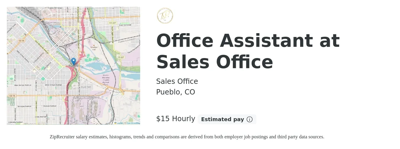 Sales Office job posting for a Office Assistant at Sales Office in Pueblo, CO with a salary of $16 Hourly with a map of Pueblo location.