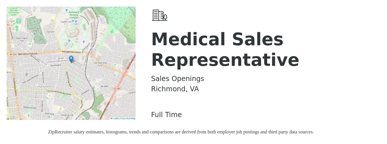 Sales Openings job posting for a Medical Sales Representative in Richmond, VA with a salary of $54,700 to $103,900 Yearly with a map of Richmond location.