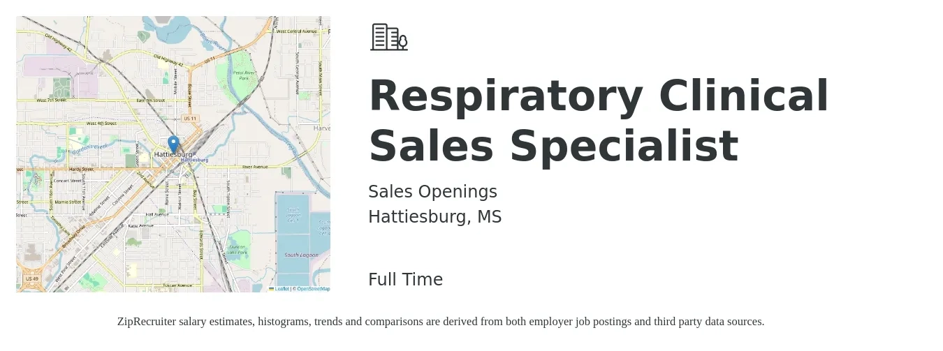 Sales Openings job posting for a Respiratory Clinical Sales Specialist in Hattiesburg, MS with a salary of $31 to $55 Hourly with a map of Hattiesburg location.
