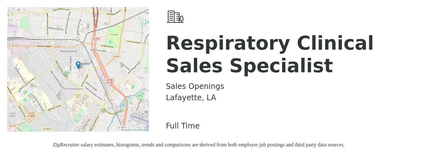 Sales Openings job posting for a Respiratory Clinical Sales Specialist in Lafayette, LA with a salary of $25 to $44 Hourly with a map of Lafayette location.