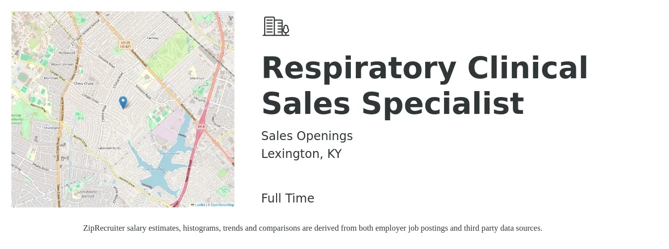Sales Openings job posting for a Respiratory Clinical Sales Specialist in Lexington, KY with a salary of $27 to $47 Hourly with a map of Lexington location.