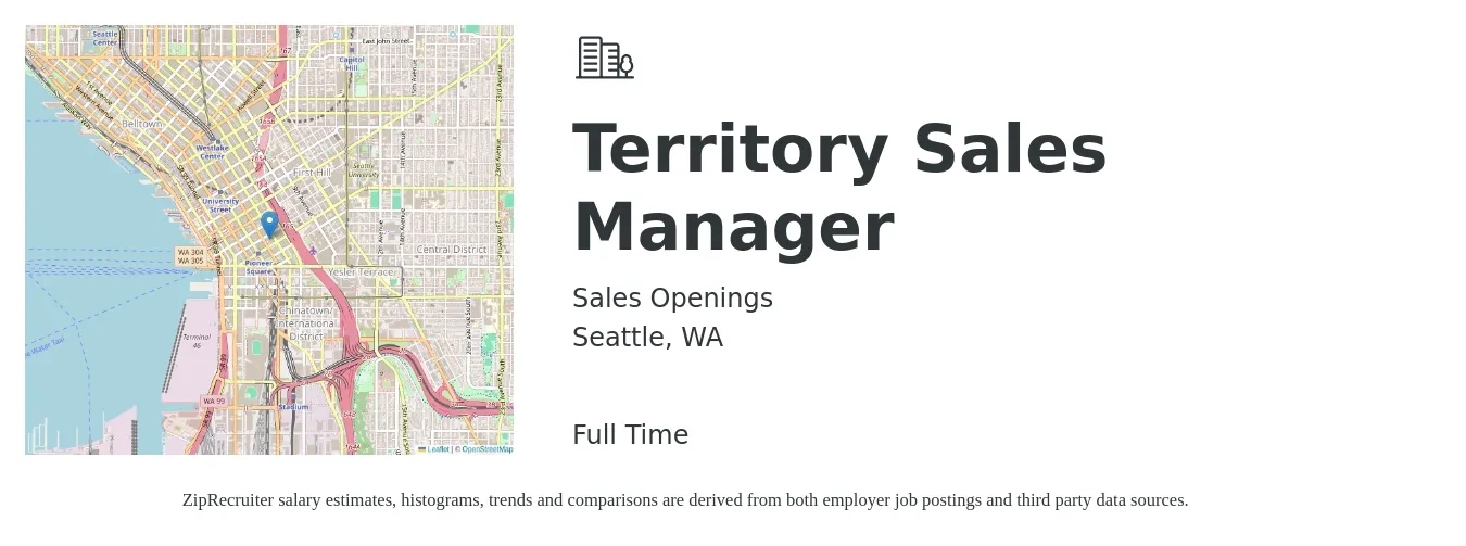 Sales Openings job posting for a Territory Sales Manager in Seattle, WA with a salary of $73,400 to $112,700 Yearly with a map of Seattle location.