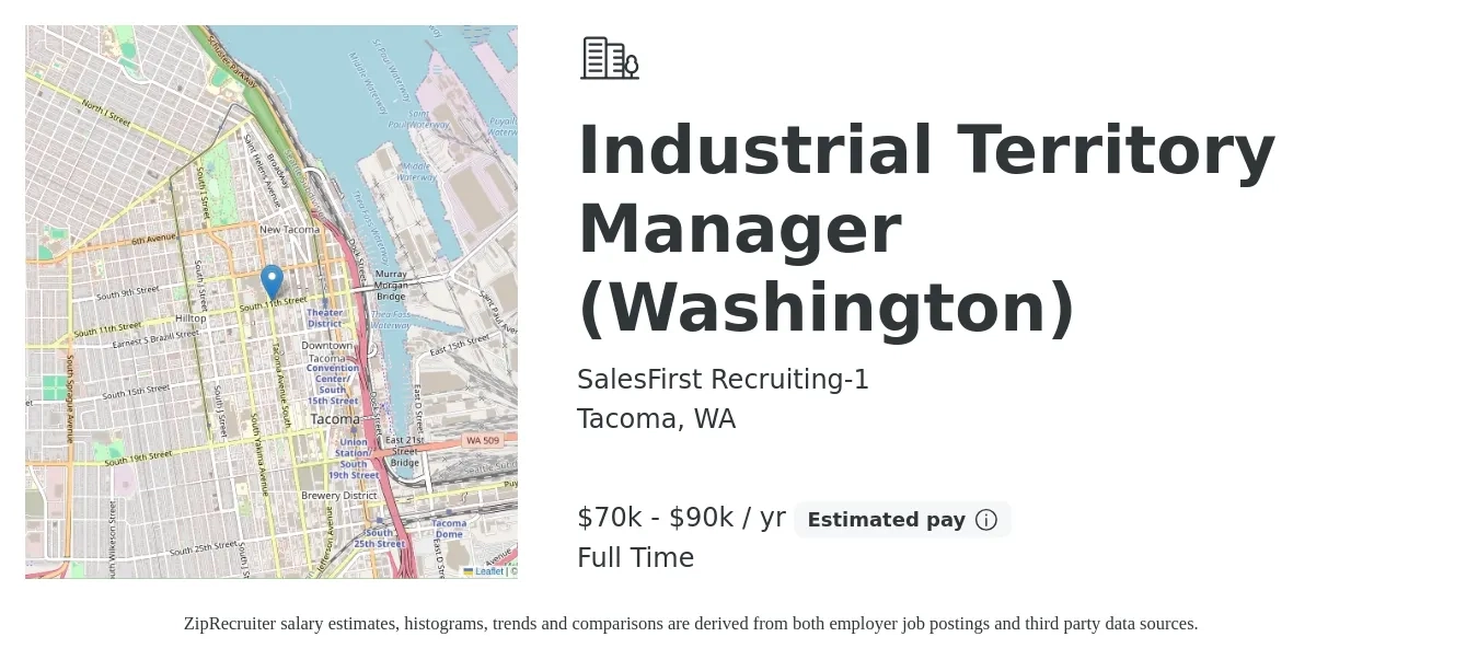 SalesFirst Recruiting-1 job posting for a Industrial Territory Manager (Washington) in Tacoma, WA with a salary of $70,000 to $90,000 Yearly with a map of Tacoma location.
