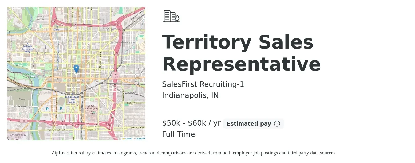 SalesFirst Recruiting-1 job posting for a Territory Sales Representative in Indianapolis, IN with a salary of $50,000 to $60,000 Yearly with a map of Indianapolis location.