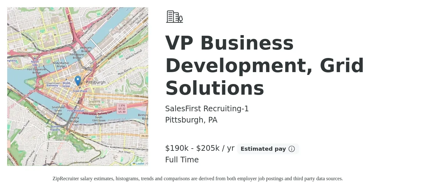 SalesFirst Recruiting-1 job posting for a VP Business Development, Grid Solutions in Pittsburgh, PA with a salary of $190,000 to $205,000 Yearly with a map of Pittsburgh location.