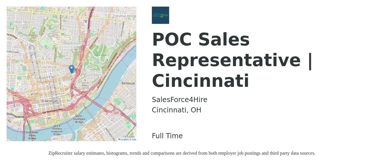 SalesForce4Hire job posting for a POC Sales Representative | Cincinnati in Cincinnati, OH with a salary of $17 to $26 Hourly with a map of Cincinnati location.