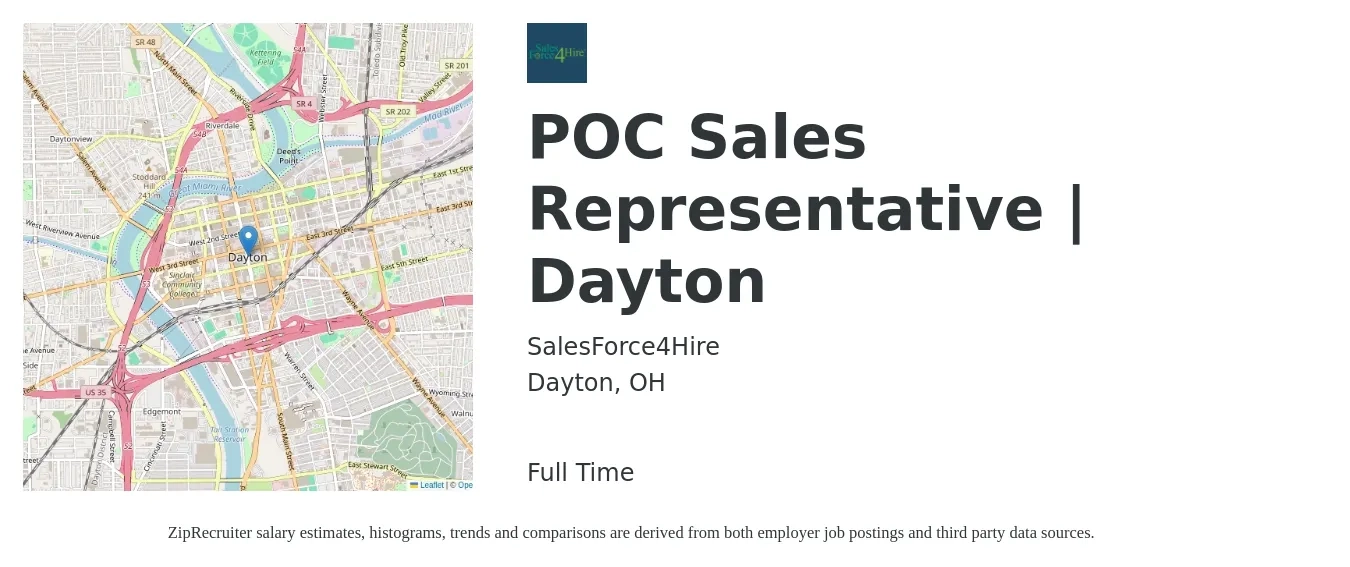 SalesForce4Hire job posting for a POC Sales Representative | Dayton in Dayton, OH with a salary of $18 to $27 Hourly with a map of Dayton location.