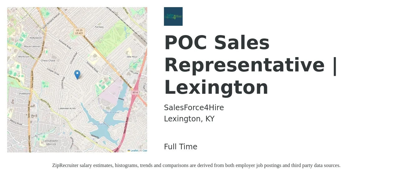 SalesForce4Hire job posting for a POC Sales Representative | Lexington in Lexington, KY with a salary of $18 to $27 Hourly with a map of Lexington location.
