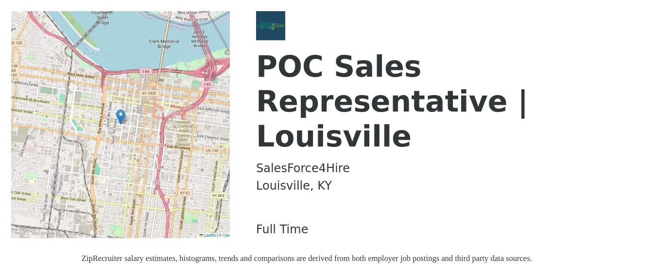 SalesForce4Hire job posting for a POC Sales Representative | Louisville in Louisville, KY with a salary of $17 to $26 Hourly with a map of Louisville location.
