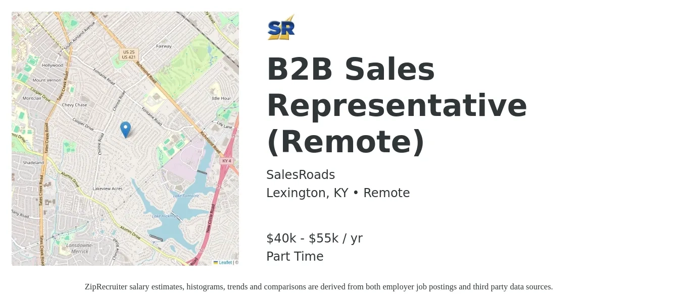 SalesRoads job posting for a B2B Sales Representative (Remote) in Lexington, KY with a salary of $40,000 to $50,000 Yearly with a map of Lexington location.
