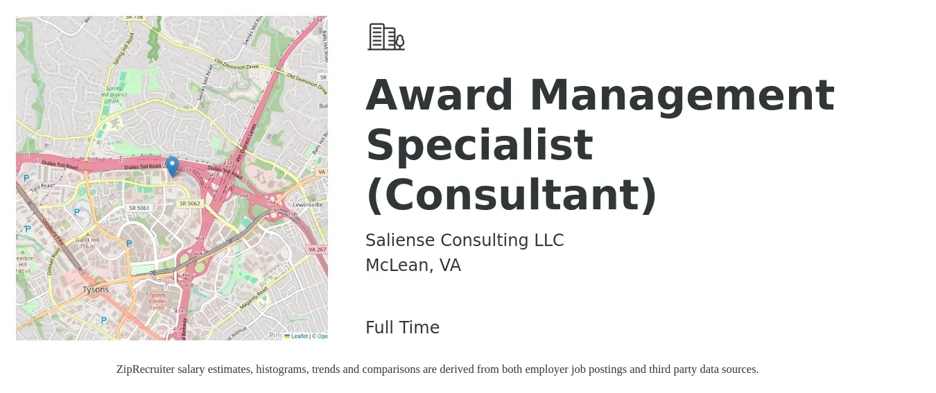 Saliense Consulting LLC job posting for a Award Management Specialist (Consultant) in McLean, VA with a salary of $97,000 to $117,800 Yearly with a map of McLean location.