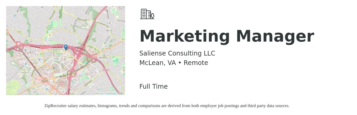 Saliense Consulting LLC job posting for a Marketing Manager in McLean, VA with a salary of $60,700 to $99,100 Yearly with a map of McLean location.
