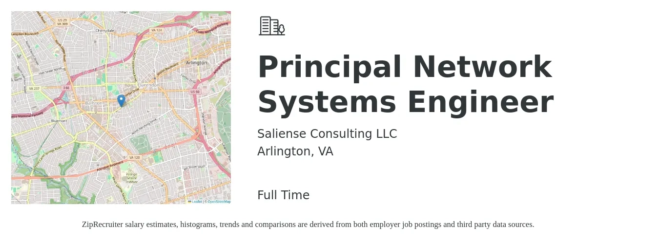 Saliense Consulting LLC job posting for a Principal Network Systems Engineer in Arlington, VA with a salary of $138,100 to $201,400 Yearly with a map of Arlington location.
