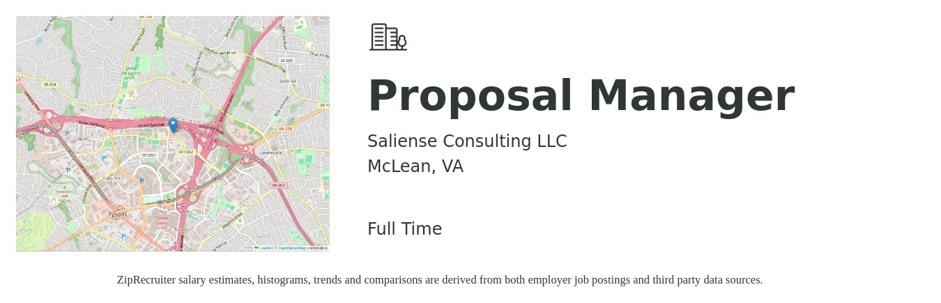 Saliense Consulting LLC job posting for a Proposal Manager in McLean, VA with a salary of $81,400 to $119,300 Yearly with a map of McLean location.