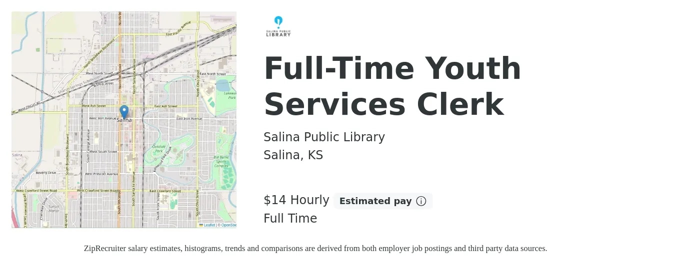 Salina Public Library job posting for a Full-Time Youth Services Clerk in Salina, KS with a salary of $15 Hourly with a map of Salina location.
