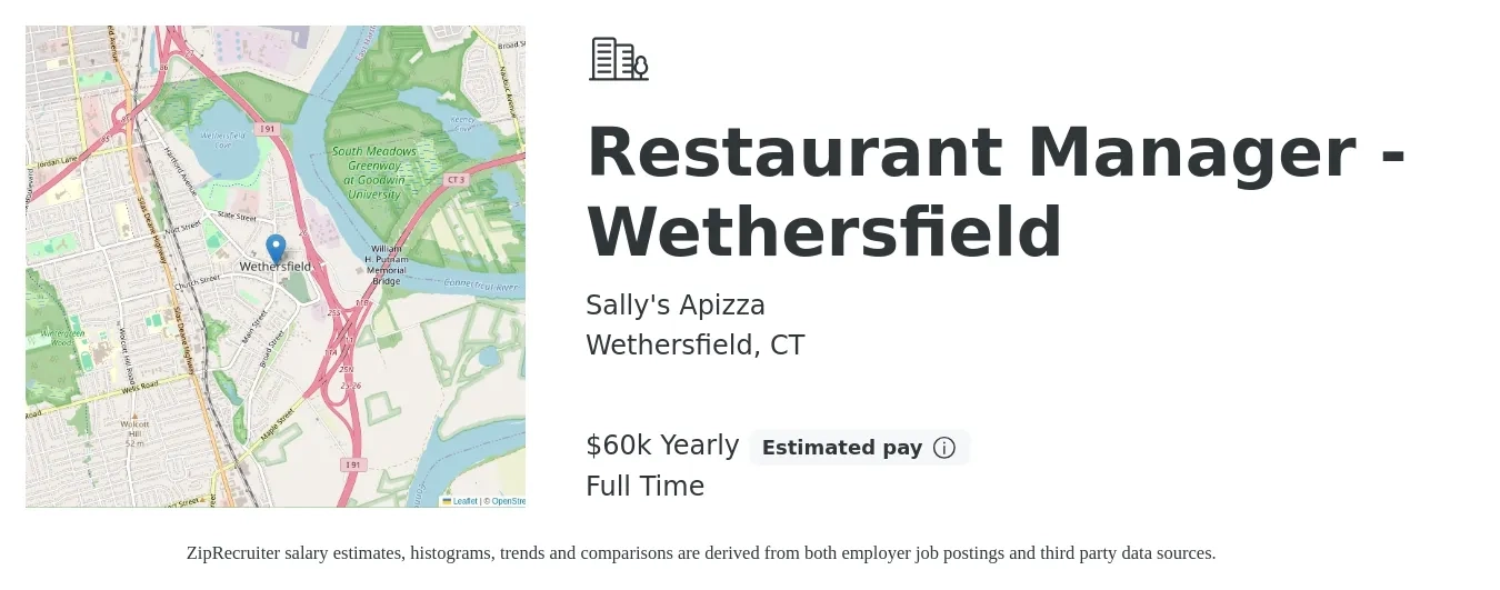 Sally's Apizza job posting for a Restaurant Manager - Wethersfield in Wethersfield, CT with a salary of $60,000 Yearly with a map of Wethersfield location.