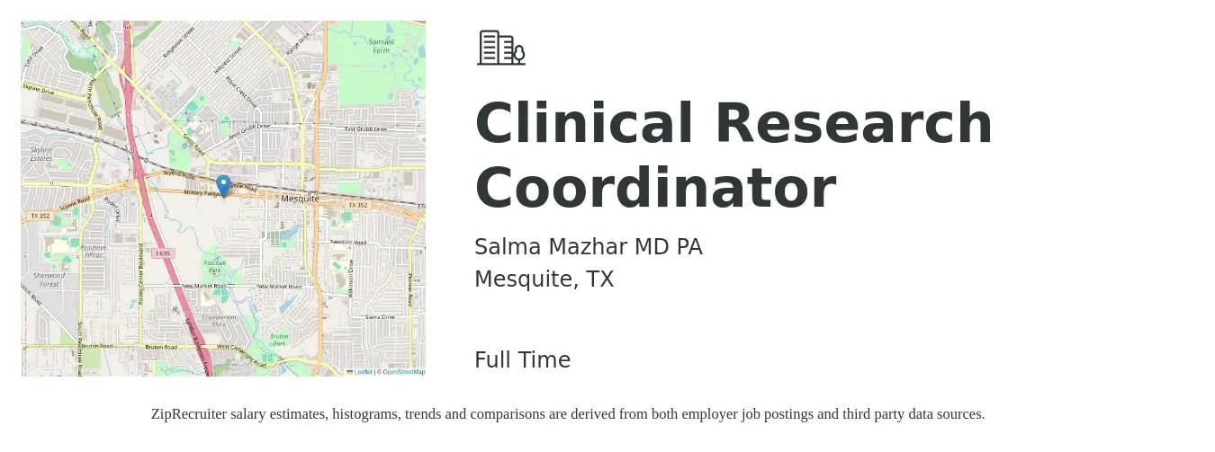Salma Mazhar MD PA job posting for a Clinical Research Coordinator in Mesquite, TX with a salary of $22 to $30 Hourly with a map of Mesquite location.