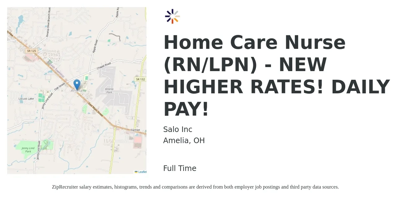Salo Inc job posting for a Home Care Nurse (RN/LPN) - NEW HIGHER RATES! DAILY PAY! in Amelia, OH with a salary of $22 to $30 Hourly with a map of Amelia location.