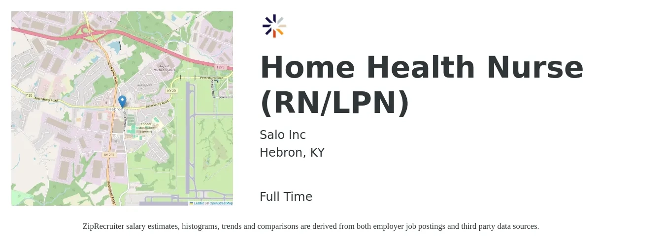 Salo Inc job posting for a Home Health Nurse (RN/LPN) in Hebron, KY with a salary of $25 to $33 Hourly with a map of Hebron location.