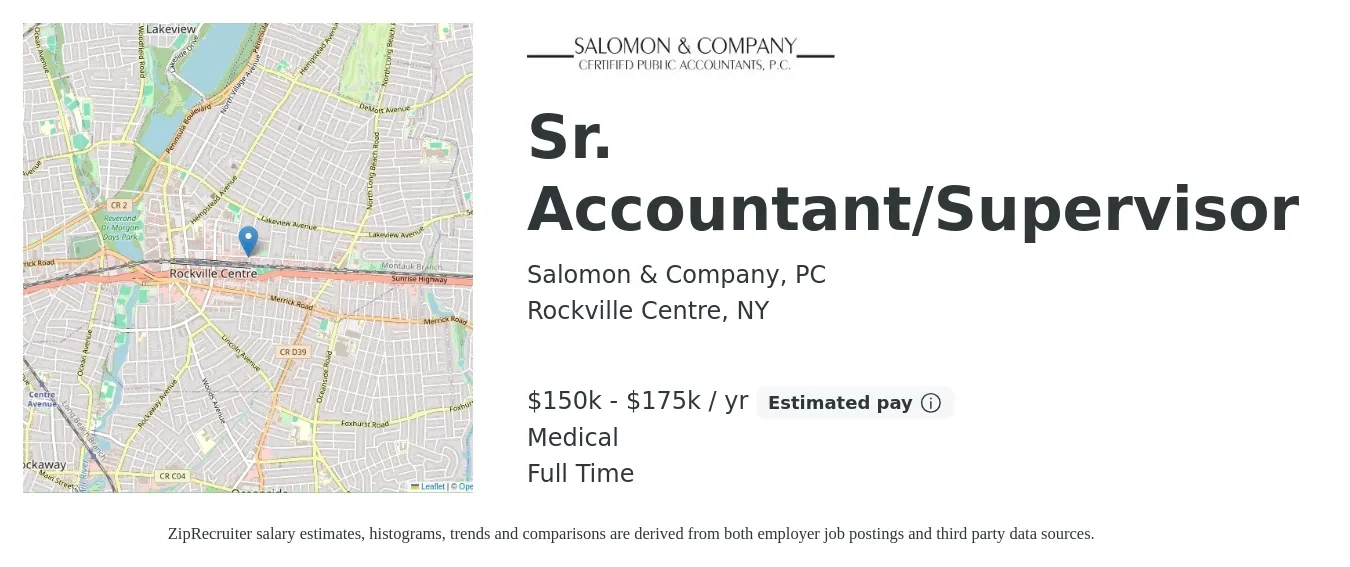 Salomon & Company, PC job posting for a Sr. Accountant/Supervisor in Rockville Centre, NY with a salary of $150,000 to $175,000 Yearly and benefits including medical, and pto with a map of Rockville Centre location.