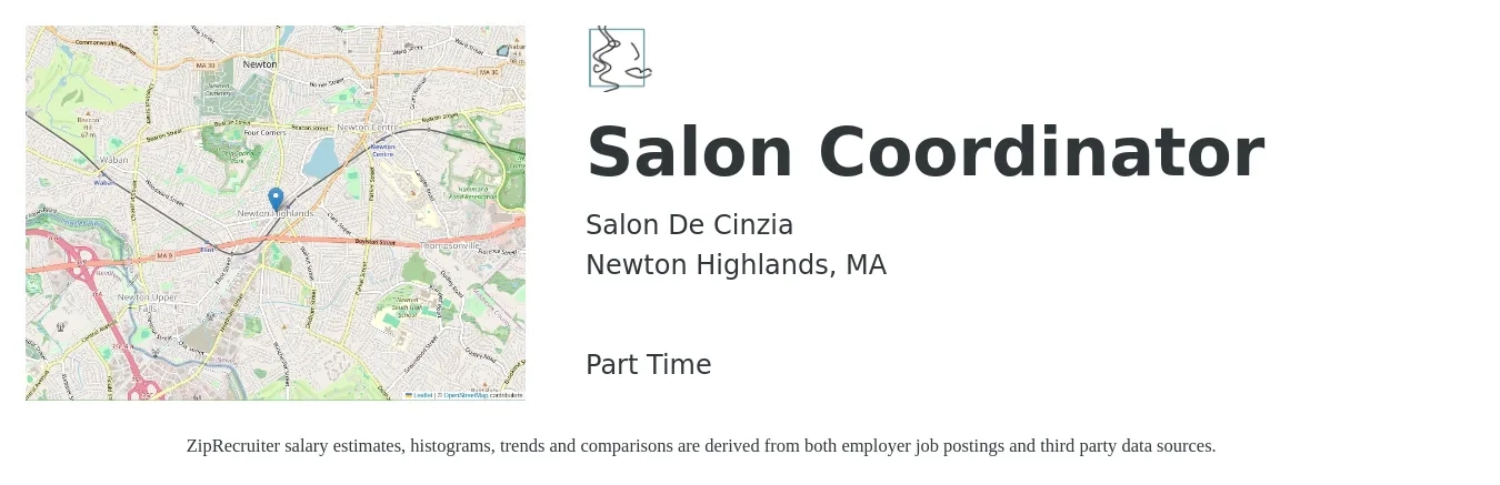 Salon De Cinzia job posting for a Salon Coordinator in Newton Highlands, MA with a salary of $15 to $22 Hourly with a map of Newton Highlands location.