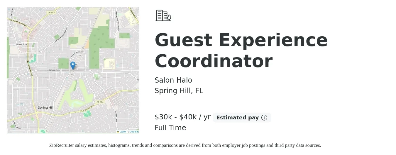 Salon Halo job posting for a Guest Experience Coordinator in Spring Hill, FL with a salary of $30,000 to $40,000 Yearly with a map of Spring Hill location.