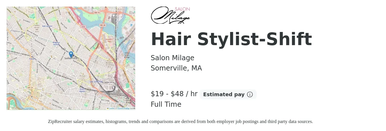 Salon Milage job posting for a Hair Stylist-Shift in Somerville, MA with a salary of $20 to $50 Hourly (plus commission) with a map of Somerville location.