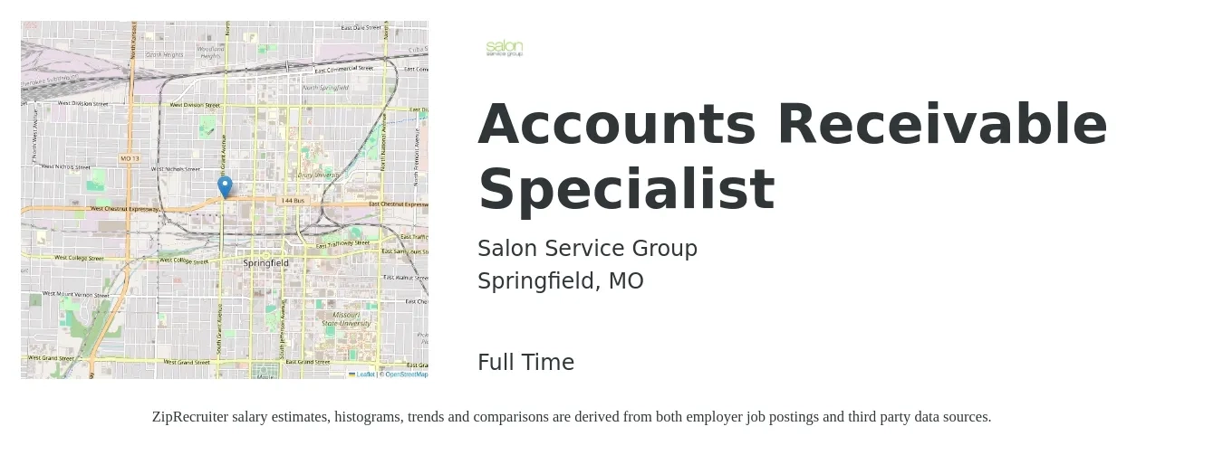 Salon Service Group job posting for a Accounts Receivable Specialist in Springfield, MO with a salary of $17 to $22 Hourly with a map of Springfield location.