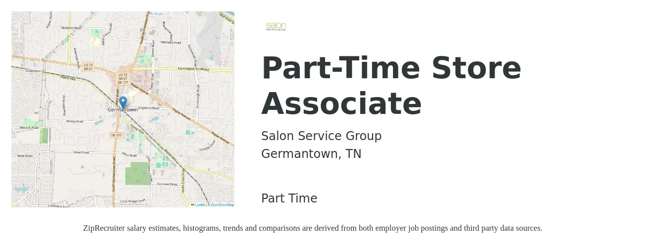 Salon Service Group job posting for a Part-Time Store Associate in Germantown, TN with a salary of $14 to $16 Hourly with a map of Germantown location.