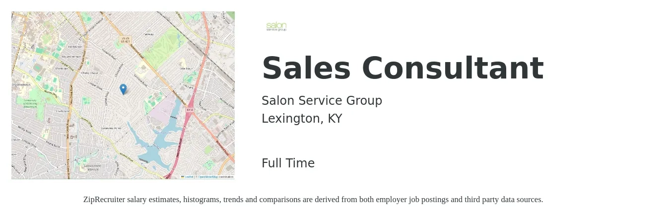 Salon Service Group job posting for a Sales Consultant in Lexington, KY with a salary of $40,300 to $79,000 Yearly with a map of Lexington location.