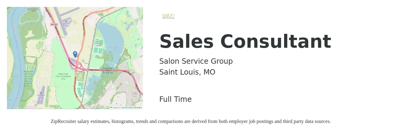Salon Service Group job posting for a Sales Consultant in Saint Louis, MO with a salary of $37,900 to $74,400 Yearly with a map of Saint Louis location.
