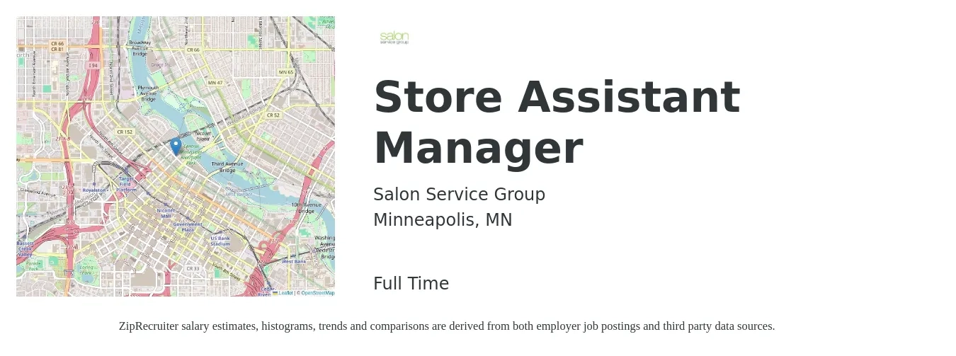 Salon Service Group job posting for a Store Assistant Manager in Minneapolis, MN with a salary of $17 to $23 Hourly with a map of Minneapolis location.