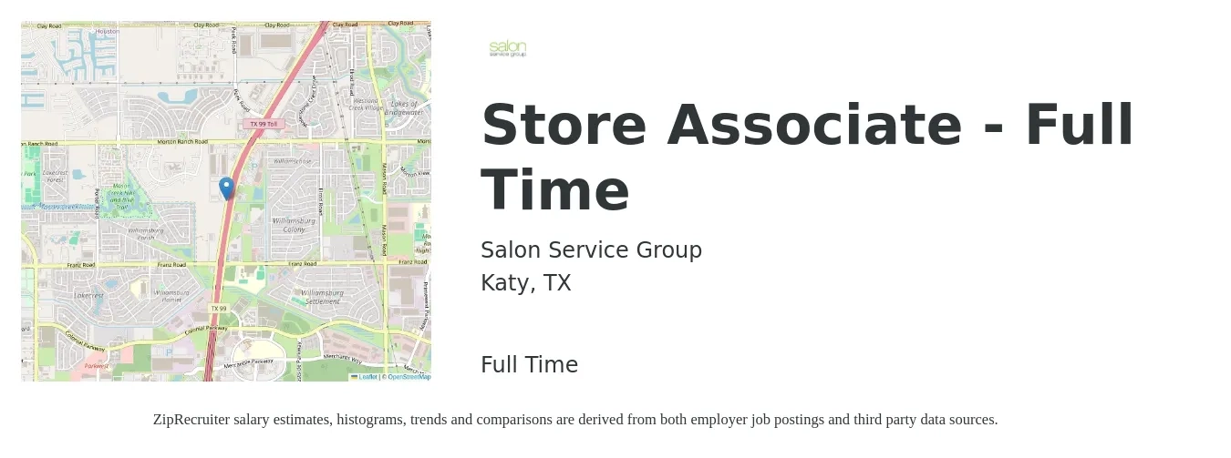 Salon Service Group job posting for a Store Associate - Full Time in Katy, TX with a salary of $14 to $16 Hourly with a map of Katy location.