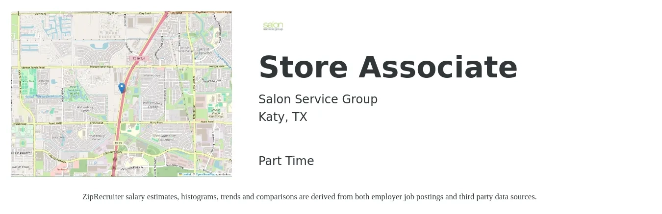 Salon Service Group job posting for a Store Associate in Katy, TX with a salary of $14 to $16 Hourly with a map of Katy location.