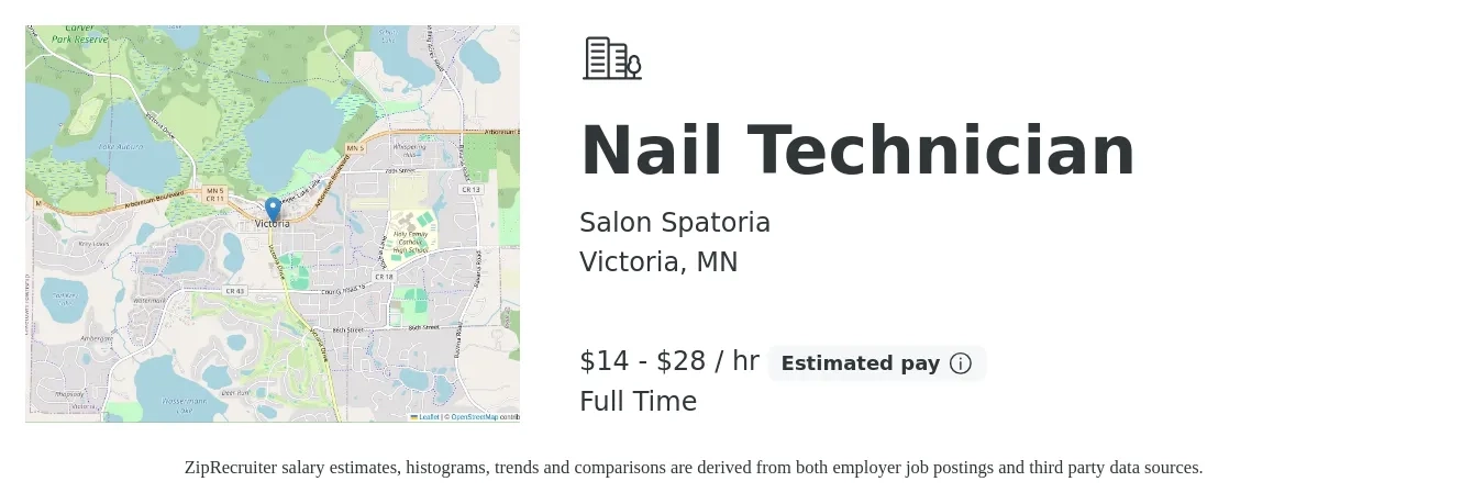 Salon Spatoria job posting for a Nail Technician in Victoria, MN with a salary of $15 to $30 Hourly with a map of Victoria location.