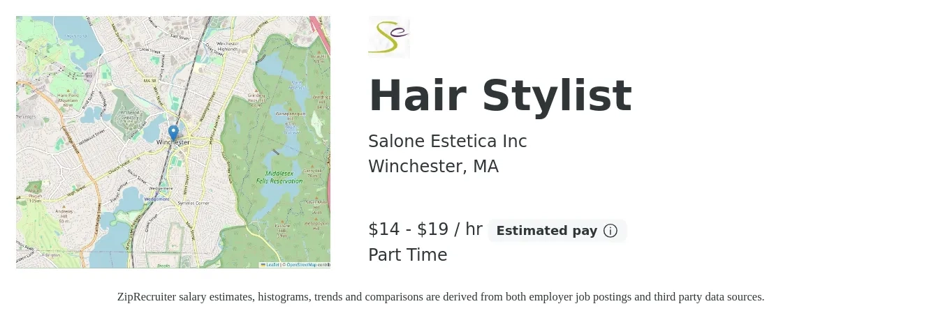 Salone Estetica Inc job posting for a Hair Stylist in Winchester, MA with a salary of $15 to $20 Hourly (plus commission) with a map of Winchester location.