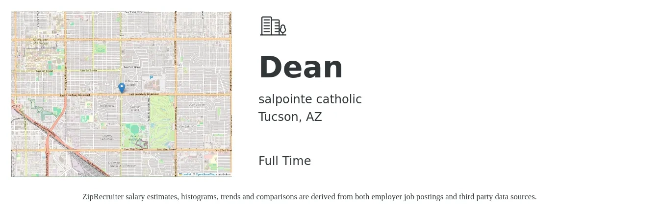 salpointe catholic job posting for a Dean in Tucson, AZ with a salary of $27,500 to $57,600 Yearly with a map of Tucson location.