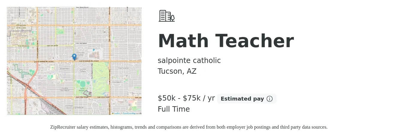 salpointe catholic job posting for a Math Teacher in Tucson, AZ with a salary of $50,000 to $75,000 Yearly with a map of Tucson location.