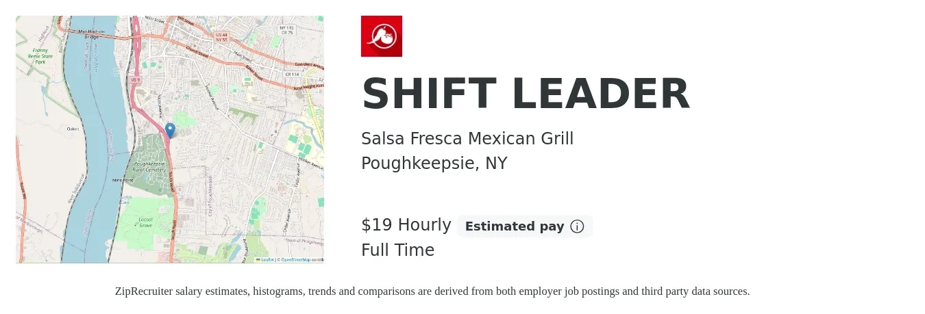 Salsa Fresca Mexican Grill job posting for a SHIFT LEADER in Poughkeepsie, NY with a salary of $20 Hourly with a map of Poughkeepsie location.