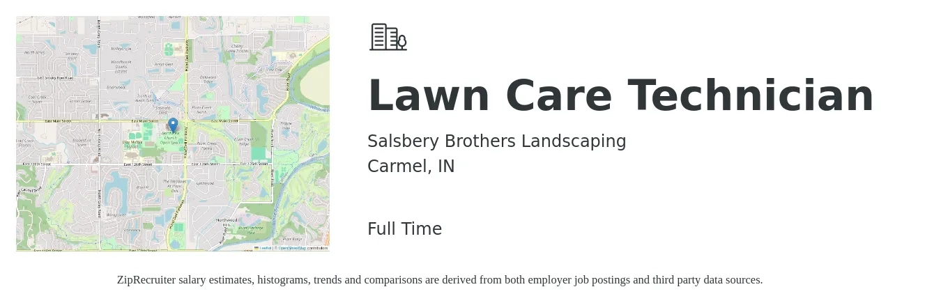 Salsbery Brothers Landscaping job posting for a Lawn Care Technician in Carmel, IN with a salary of $19 to $25 Hourly with a map of Carmel location.