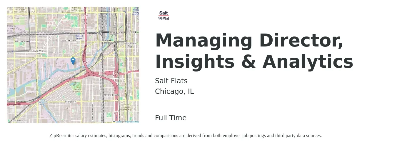 Salt Flats job posting for a Managing Director, Insights & Analytics in Chicago, IL with a salary of $94,200 to $192,600 Yearly with a map of Chicago location.