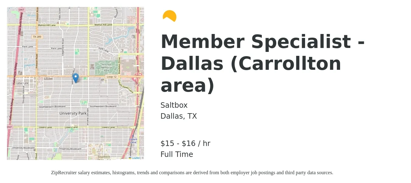 Saltbox job posting for a Member Specialist - Dallas (Carrollton area) in Dallas, TX with a salary of $16 to $17 Hourly with a map of Dallas location.