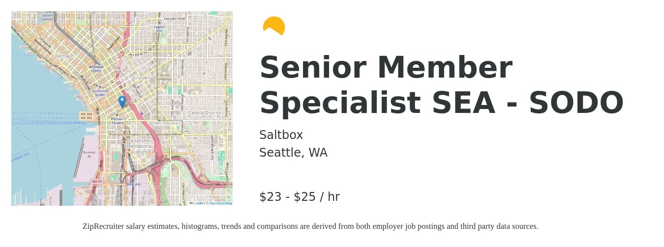 Saltbox job posting for a Senior Member Specialist SEA - SODO in Seattle, WA with a salary of $24 to $26 Hourly with a map of Seattle location.
