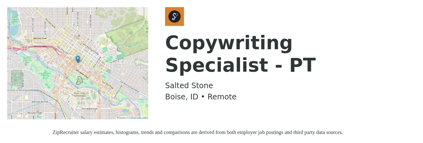Salted Stone job posting for a Copywriting Specialist - PT in Boise, ID with a salary of $25 to $35 Hourly with a map of Boise location.