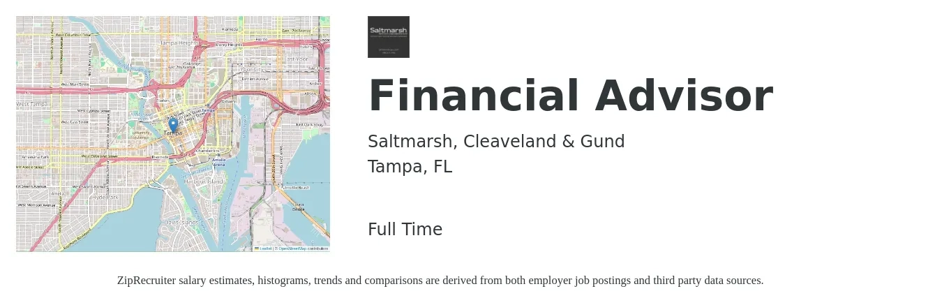 Saltmarsh, Cleaveland & Gund job posting for a Financial Advisor in Tampa, FL with a salary of $70,900 to $123,800 Yearly with a map of Tampa location.