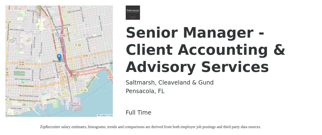 Saltmarsh, Cleaveland & Gund job posting for a Senior Manager - Client Accounting & Advisory Services in Pensacola, FL with a salary of $85,300 to $126,200 Yearly with a map of Pensacola location.