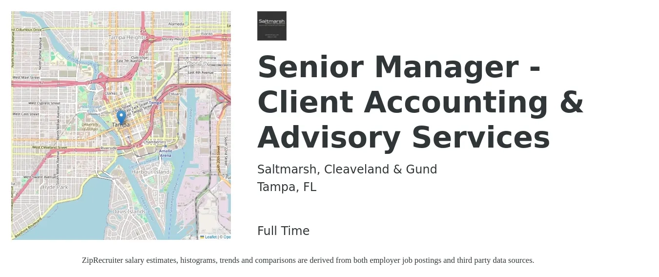 Saltmarsh, Cleaveland & Gund job posting for a Senior Manager - Client Accounting & Advisory Services in Tampa, FL with a salary of $85,500 to $126,600 Yearly with a map of Tampa location.