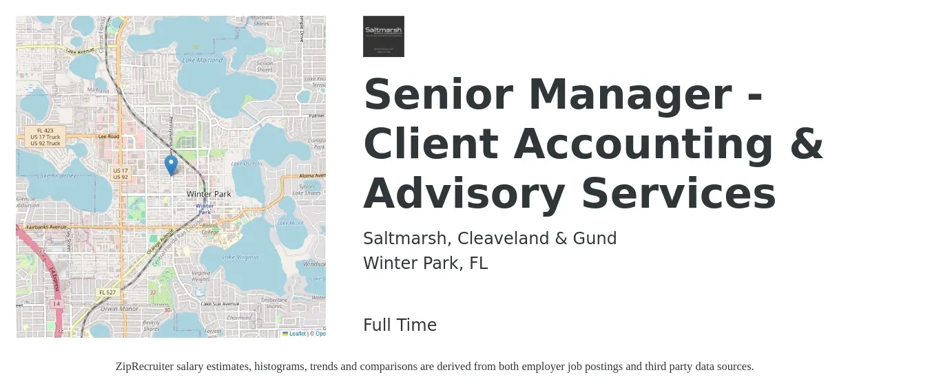 Saltmarsh, Cleaveland & Gund job posting for a Senior Manager - Client Accounting & Advisory Services in Winter Park, FL with a salary of $85,000 to $125,800 Yearly with a map of Winter Park location.